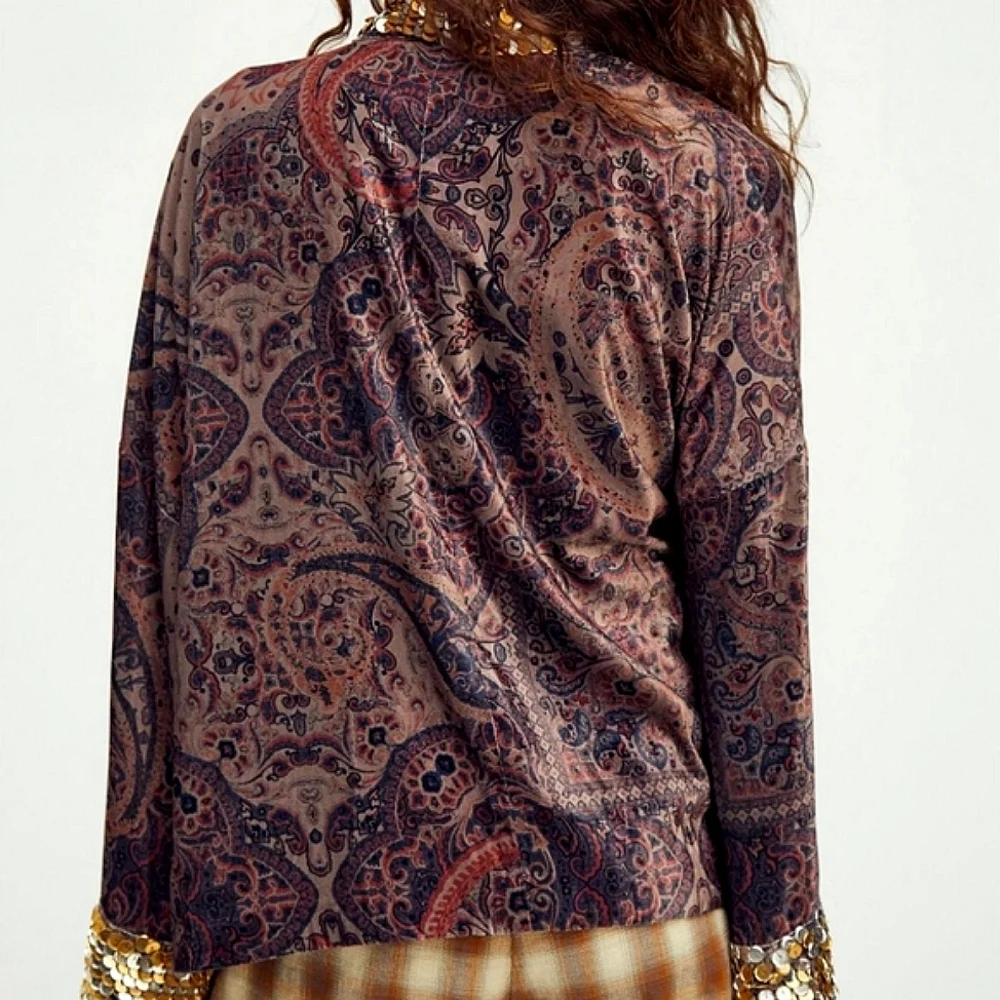 NWT🌹 Free People Layla Gold Embellished Velvet Silky Wrap Kimono Jacket, XS - Picture 8 of 13